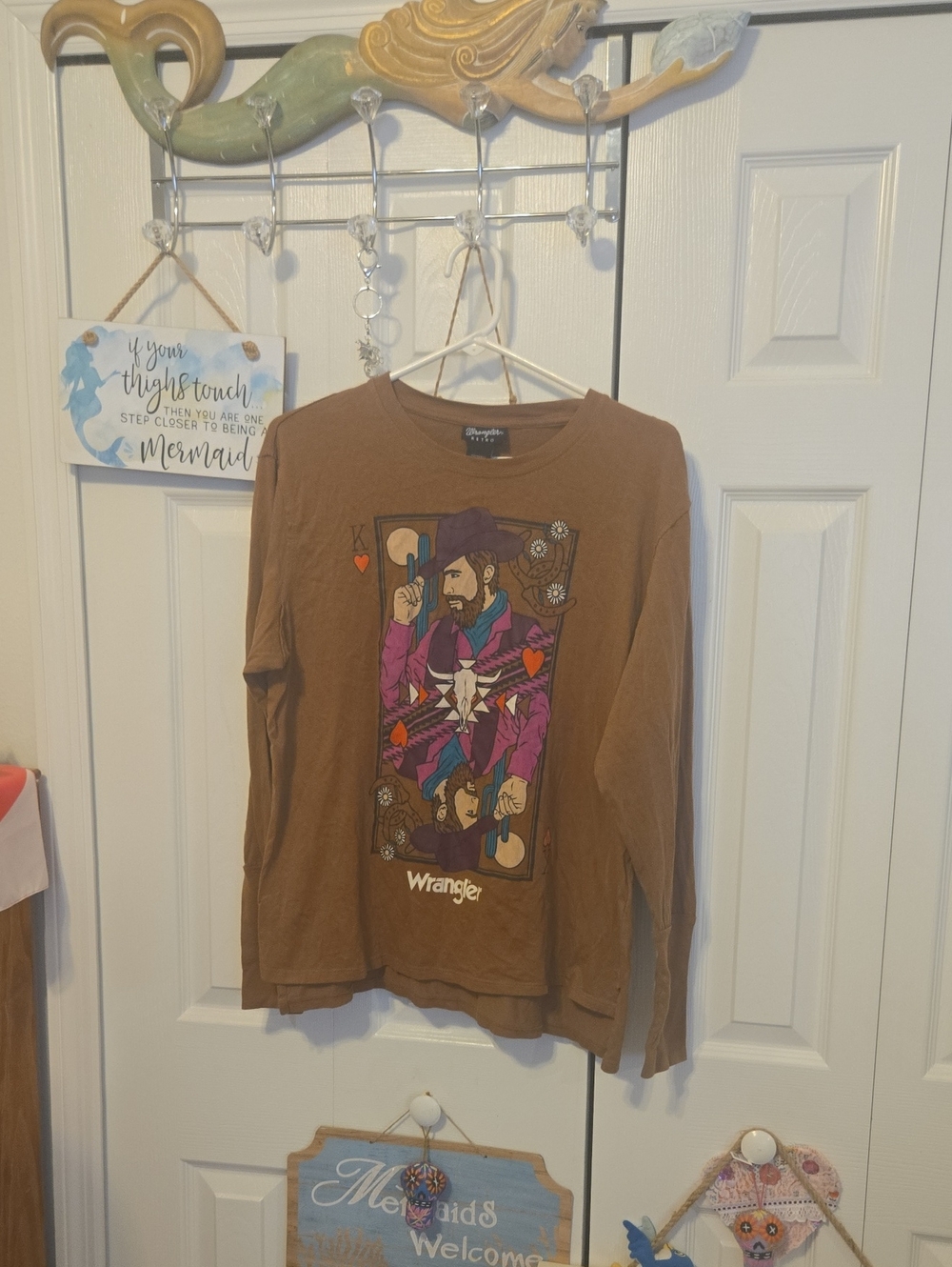 Wrangler Brown Long Sleeve Tee with Multicolor Playing Card Graphic